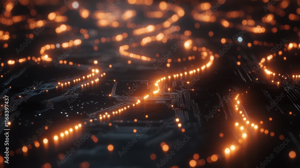 Poster a futuristic circuit board with glowing nodes and data pathways, symbolic of advanced technology