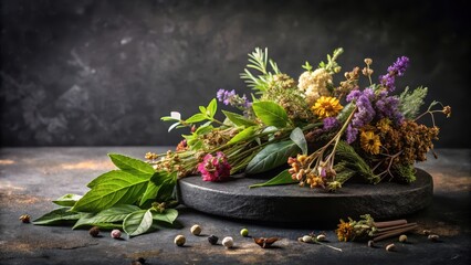 Aromatic herbs on a black stone pedestal with dried flowers and leaves, earthy, foliage,  earthy, foliage, botanical