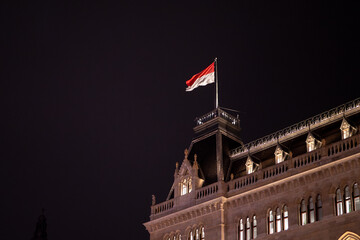 Obraz premium The Wiener Rathaus or Vienna City Hall is a neo-Gothic building in Vienna.The flag of Austria flies on the roof.