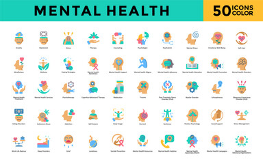 Mental Health icon set with anxiety, depression, stress, therapy, counseling, psychologist, psychiatrist, mental illness, emotional well-being icon. Simple flat color vector 
