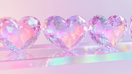 Fototapeta premium Heart of Shimmering Crystals: Cinematic Valentine's Day Artwork with Rainbow Refractive Effects on Glass Shelf