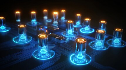 A futuristic circuit diagram showing quantum computing processes with glowing nodes