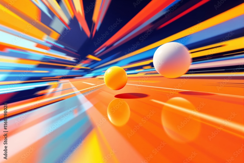 Poster abstract dynamic background with two spheres in motion and vibrant light streaks.