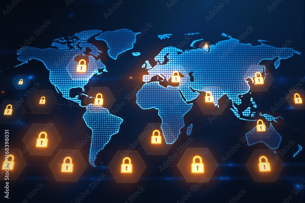 Poster Global cybersecurity concept with glowing digital locks on a world map background.