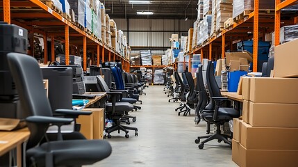 Naklejka premium Rows of office chairs and desks in a large warehouse.