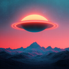 Obraz premium stunning digital landscape featuring glowing planet with rings above colorful mountains, creating surreal atmosphere