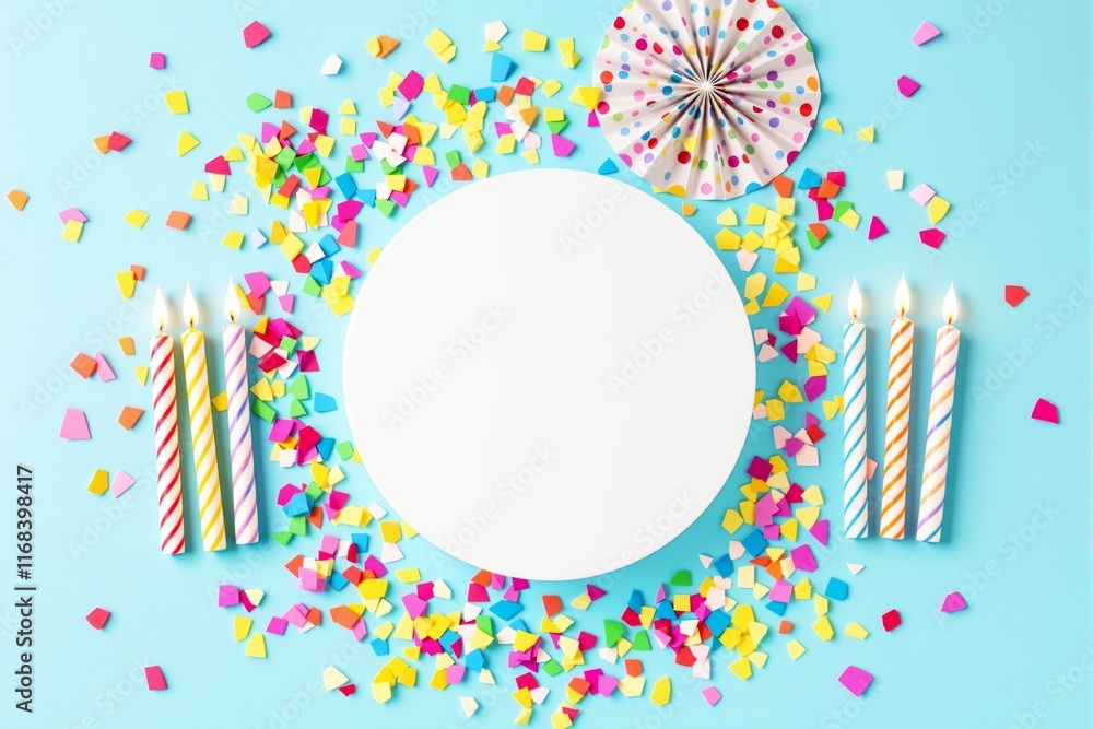 Poster Birthday-themed arrangement with blank circular space surrounded by candles and colorful confetti on light blue background.