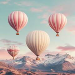 Obraz premium Hot air balloons in pastel colors float over majestic mountains at sunset, creating serene and picturesque scene