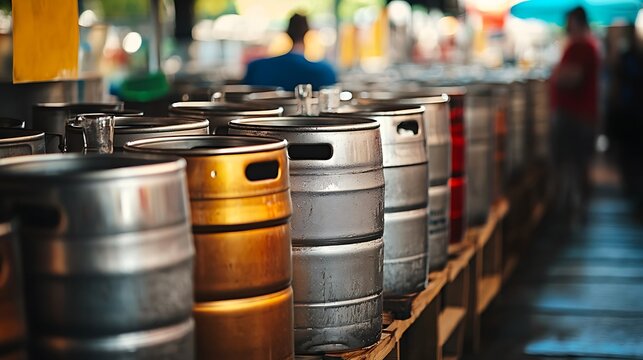Rows of stainless steel beer kegs at an outdoor market.