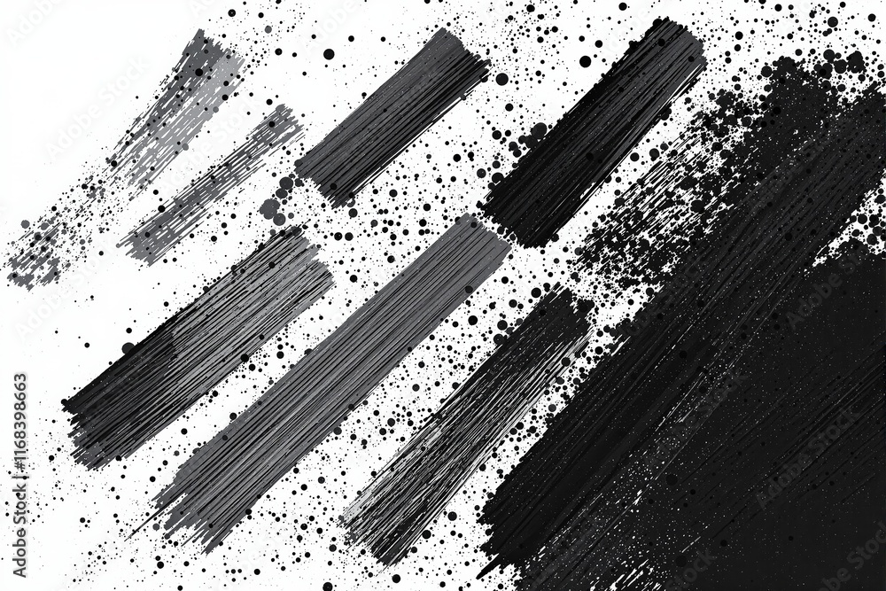 Poster black and gray paintbrush strokes with splatter patterns on white background.