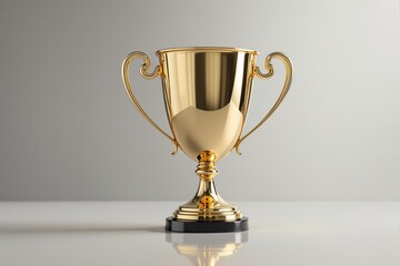Gold trophy on a reflective surface with a plain background.