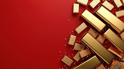 A collection of gold bars and coins scattered on a vibrant red background, symbolizing wealth and prosperity.