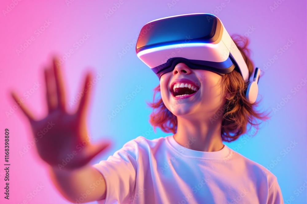 Poster Child experiencing virtual reality with VR headset on vibrant gradient background.