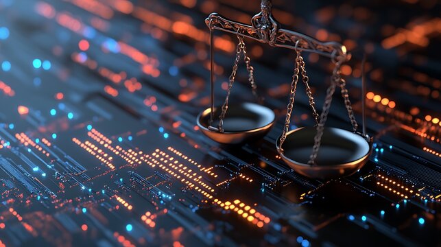 Scales of justice on a circuit board, representing digital law and cyber justice.