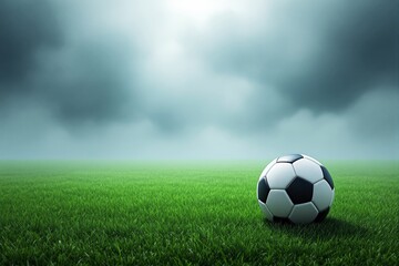 Soccer ball resting on green grass under a cloudy sky in a serene outdoor setting.