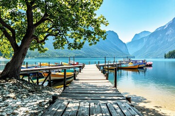Wooden dock extending into calm lake surrounded by colorful boats, mountains, and lush green trees under clear blue sky.