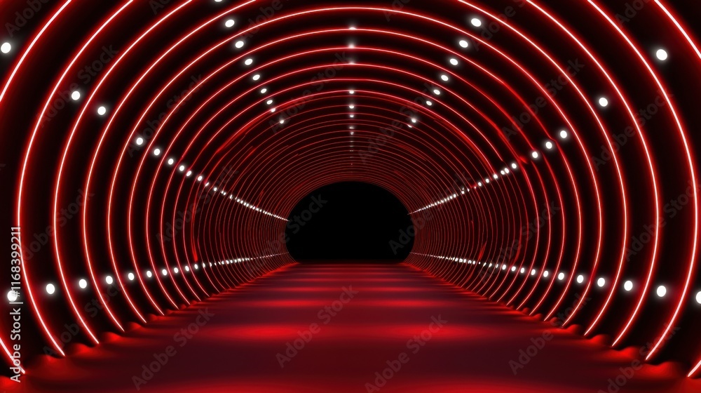 Poster a futuristic red-lit tunnel showcasing circular light patterns, creating a stunning visual effect an