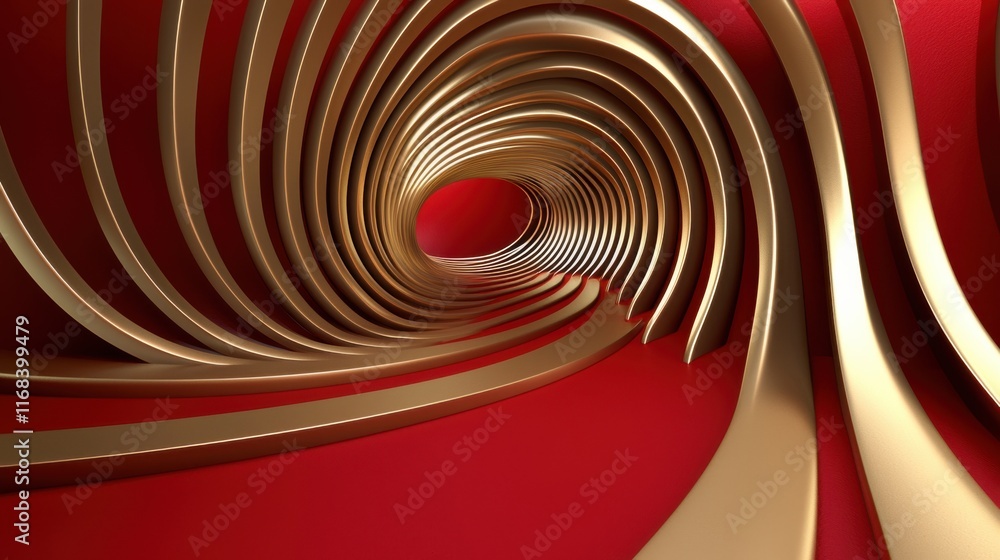 Poster a mesmerizing abstract tunnel design with golden curves against a vibrant red background, creating a