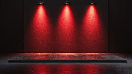 A minimalist stage with three red lights illuminating the dark backdrop, creating an artistic atmosphere for presentations.