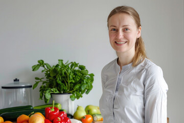 A smiling nutritionist stands beside a table of fresh fruits and vegetables