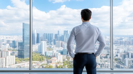 Cityscape Vision: A businessman stands before a panoramic city view, contemplating future opportunities and possibilities. His posture conveys confidence and ambition.