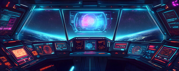 Futuristic spaceship cockpit, vibrant neon lights, interstellar view.