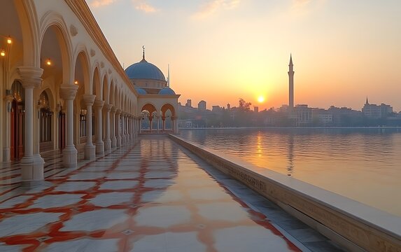 Sunrise over mosque by calm lake.