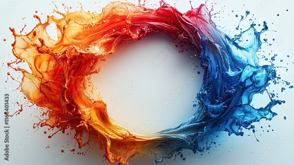 Poster vibrant splash of orange and blue liquid creating dynamic circular motion with white background