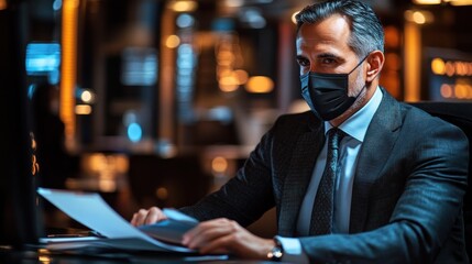 Businessman in a suit and mask working at a desk reviewing documents in a dimly lit office.