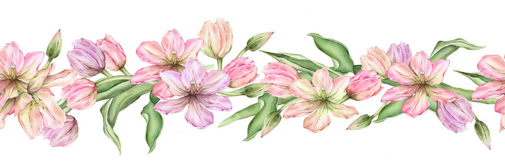 Obraz premium Seamless banner of Pastel pink light violet yellow bud Tulips watercolor illustration isolated on background. Hand drawn delicate spring perennial bulbous flower for spring wedding design or border
