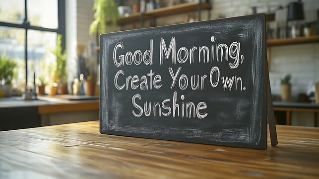 Chalkboard sign on wood table says "Good Morning, Create Your Own Sunshine".