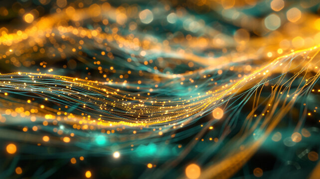 Abstract pulses of light weaving through a network of tangled wires.
