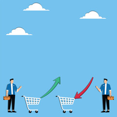 Obraz premium Stock market trader, stock trading and analysis, investment loss and profit analysis, shopping cart loaded with two traders next to up arrow and down arrow