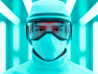 Futuristic man in protective gear, glowing blue background, intense gaze, modern technology, sci fi aesthetic