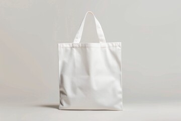 Blank white canvas tote bag mockup on gray background.