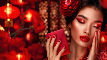 Chinese New Year scene, red tones, glowing lanterns, woman with cherry-red lipstick nails, holding red envelope festive hongbao, intricate floral, Cherry Coded makeup, beauty, fashion campaigns.