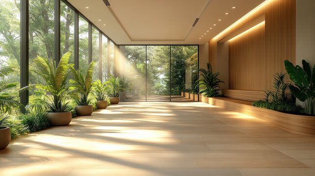 Minimalist Modern Office Corridor with Natural Light and Wood Paneling