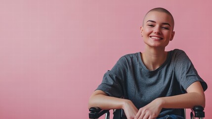 Empowered and inspiring: A shaved-head woman on a wheelchair, symbolizing the fight against cancer