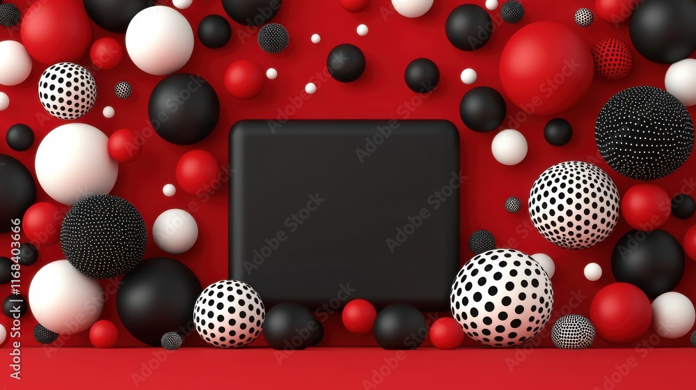 Poster a vibrant background featuring a mix of black, white, and red spheres creating a dynamic visual effe