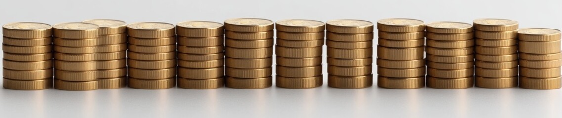 Stacks of golden coins arranged in a row on a white background.