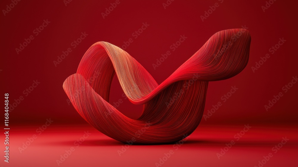 Poster a vibrant red abstract sculpture with flowing lines, creating an energetic and modern visual effect 