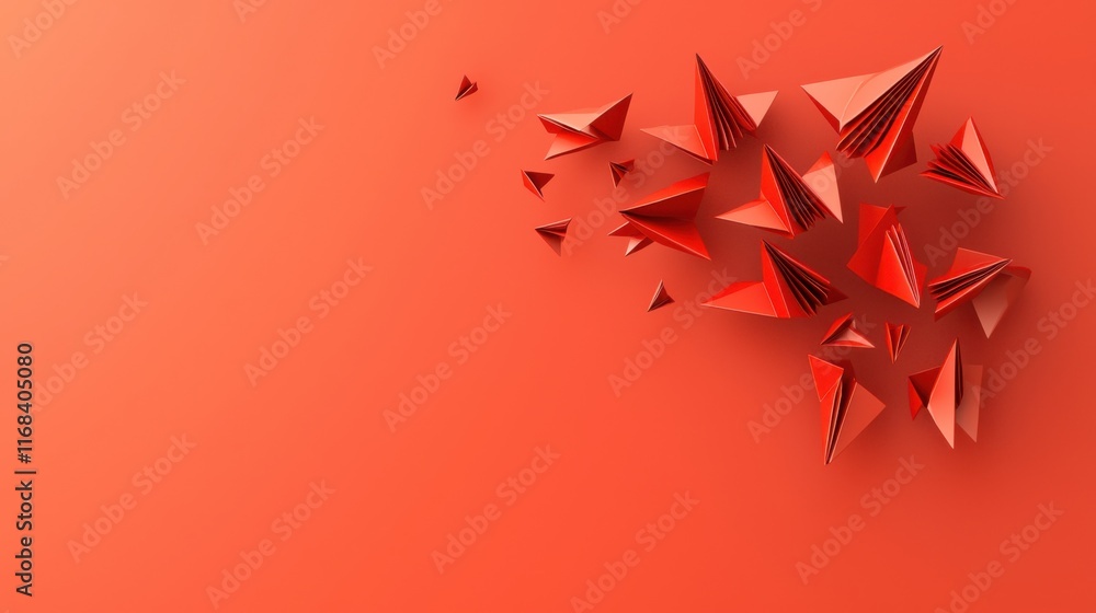 Poster a vibrant red background adorned with three-dimensional paper-like geometric shapes, creating a dyna