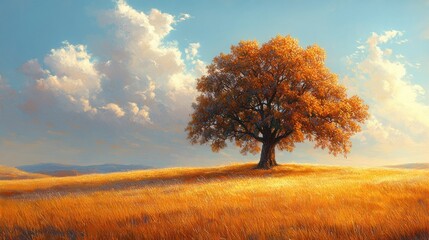 Ancient Tree in Golden Field Under Blue Sky Tranquil Landscape