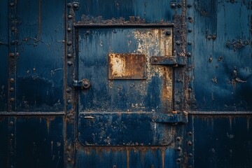 Rusty blue metal door with rivets and plate.