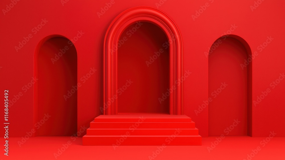Poster a vibrant red background featuring three arches, creating a modern, minimalistic space perfect for c