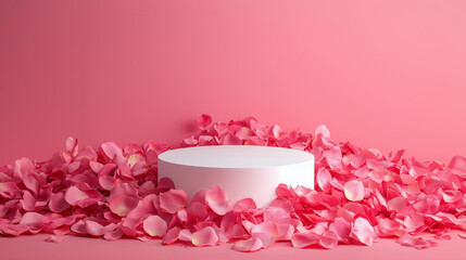 A white round podium in the center of rose petals, suitable for showcasing beauty products or cosmetics with a pink background.