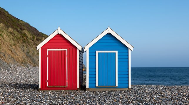 Two colorful beach huts on a pebble beach by the sea under a clear blue sky. - Powered by Adobe