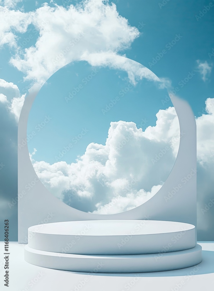 Canvas Prints white podium with sky and clouds backdrop.