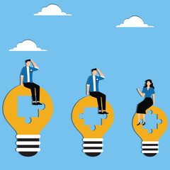 Lack of ideas, missing creativity and ideas, inability to come up with new ideas or solutions, businessmen and businessmen sitting in contemplation on light bulbs that lack puzzle pieces