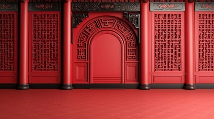 Fototapeta premium A vibrant red interior featuring intricate designs and a traditional archway, showcasing cultural architectural beauty.
